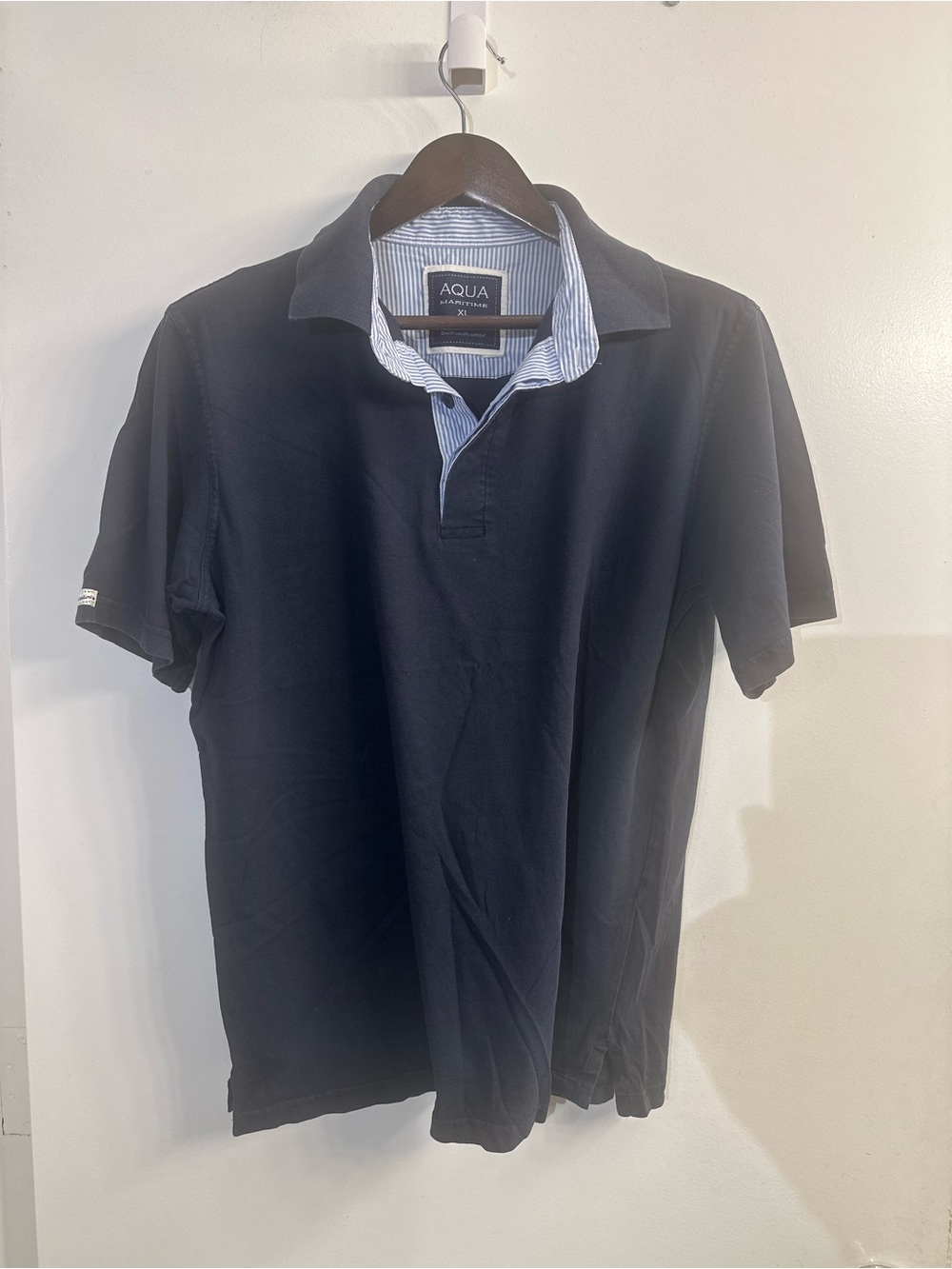 Aqua Navy Polo with Striped Inner Collar. Perfect for Yacht Rock parties.